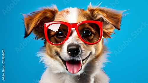 A funny cute little dog with a red sunglass on a blue background with the tongue out from his mouth © Unsake