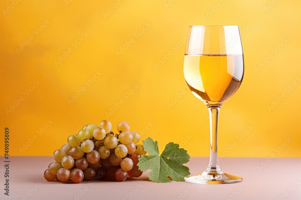 A glass of orange wine with a cluster of grapes. Orange Wine and Grapes Still Life
