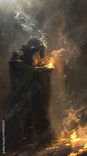 A dark sorcerer casting spells by firelight, shadows dancing on the walls
