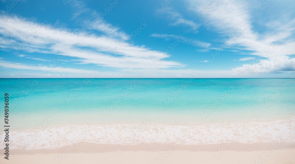 Peaceful seashore with turquoise ocean white sand and delicate clouds under a sky with blue hues Peaceful seashore with turquoise ocean white sand and delicate clouds under a sky with blue hues
