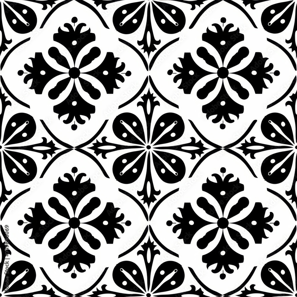 Black and White Geometric Floral Tile Pattern
Black and White Geometric Floral Tile Pattern