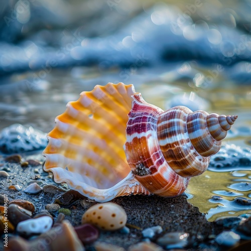Bright, macro, colorful sea shells on the shore