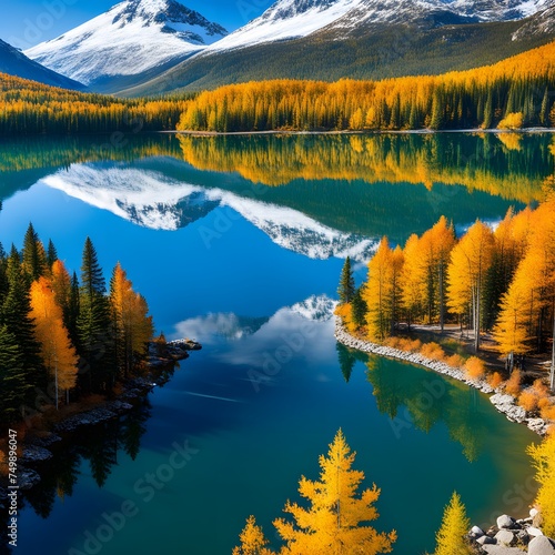 Serene lakes reflecting vibrant fall foliage or snow-capped peaks.