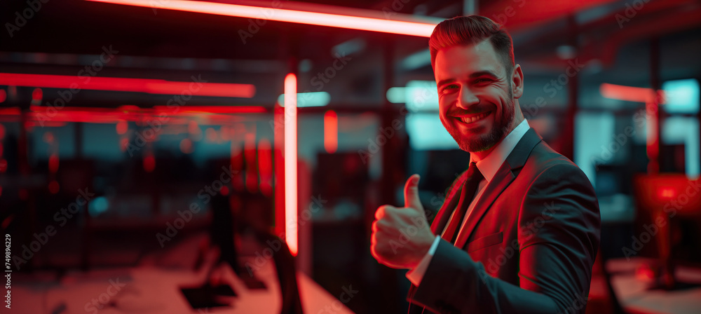 Happy businessman  or manager smile while wearing suit and beard, showing thumbs up gesture with hand in modern dark office with red ambient lights and copy space - obrazy, fototapety, plakaty 