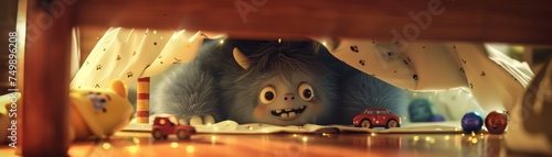Cute 3D monster under the bed, befriending a child with toys photo