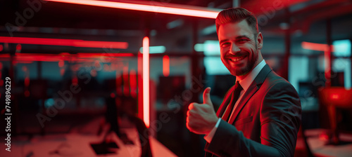 Happy businessman  or manager smile while wearing suit and beard, showing thumbs up gesture with hand in modern dark office with red ambient lights and copy space