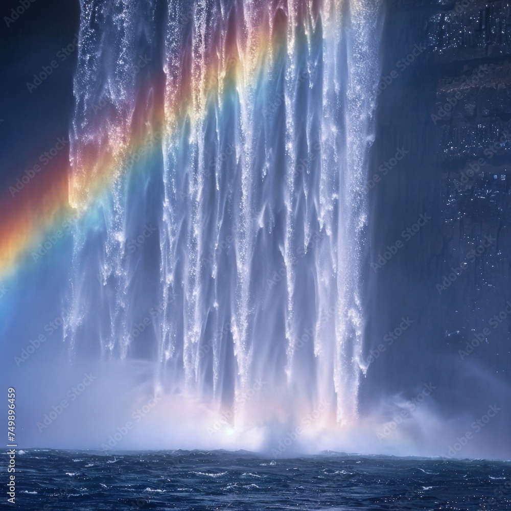 Macro shot of a rainbow appearing in a waterfalls mist, bright day