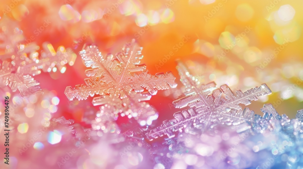 Fototapeta premium Macro snowflakes, rainbow edges, bright, colorful background