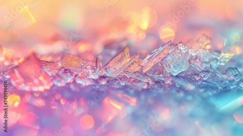 Macro ice crystals reflecting rainbow colors, bright theme