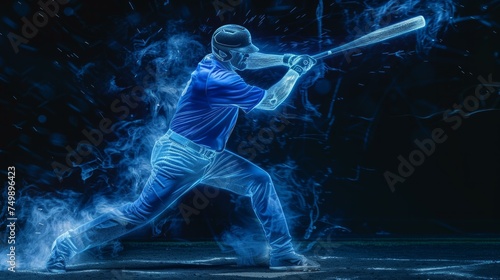 A baseball player in a blue uniform is swinging the bat with all his strength, ready to hit the incoming ball, light painting, sketch, 4K, AI Generative