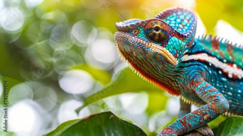 Macro shot of a chameleon changing colors  bright background