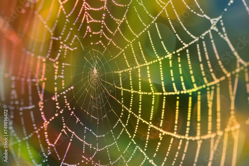 Macro shot of a spiders web with morning dew, rainbow effect