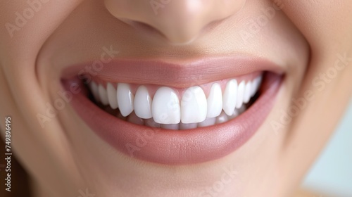 A close-up photograph of a woman smiling brightly, her flawlessly uniform teeth resembling polished marble, reflecting light, joyous expression, AI Generative