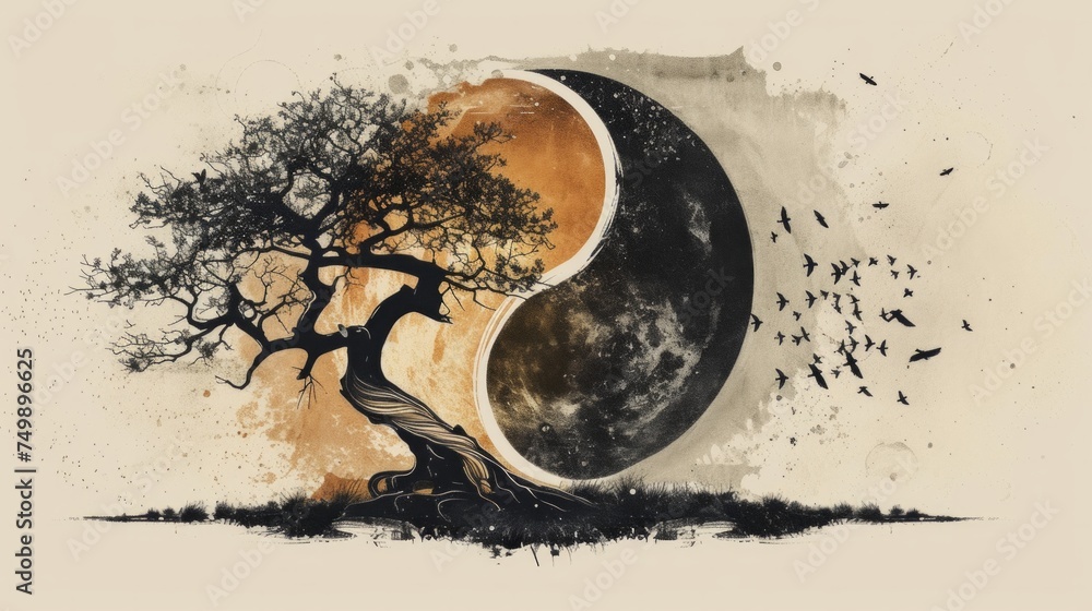 Obraz premium A conceptual illustration blending the Ying Yang symbol of balance with the Yggdrasil tree of life from Norse mythology. This unique fusion symbolizes the universal theme of balanc, AI Generative