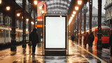 A blank billboard in a rainy city setting during the evening with people and trams nearby, perfect for advertisement mockups.