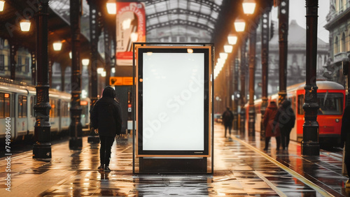 A blank billboard in a rainy city setting during the evening with people and trams nearby, perfect for advertisement mockups. photo
