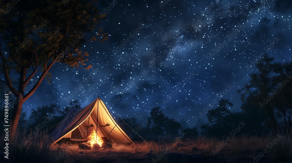 A serene campsite scene at night, featuring a tent under a star-filled sky A warm campfire flickers, casting a cozy glow over the surroundings, AI Generative - obrazy, fototapety, plakaty 