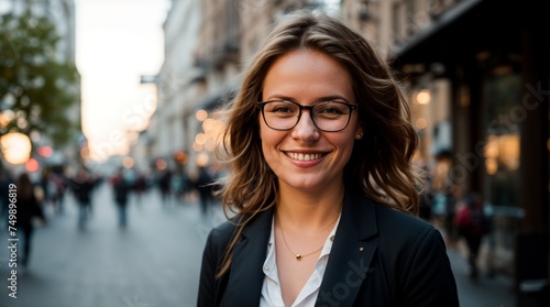 Happy woman with glasses stands on city street at twilight 
