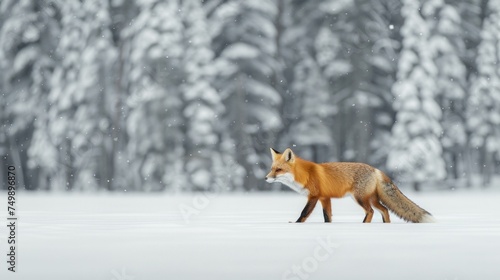 A solitary red fox  its coat a flame against the snow  hunting in the silent expanse of Algonquin Park  Canada  AI Generative