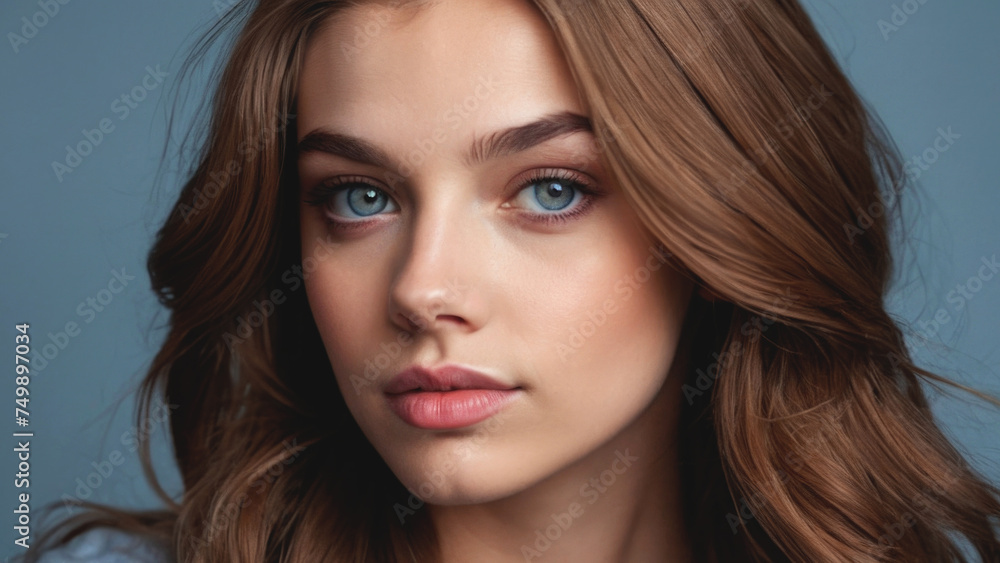 Close-up portrait of a beautiful young brown-haired girl with blue eyes. Close-up portrait of a beautiful young brown-haired girl with blue eyes.