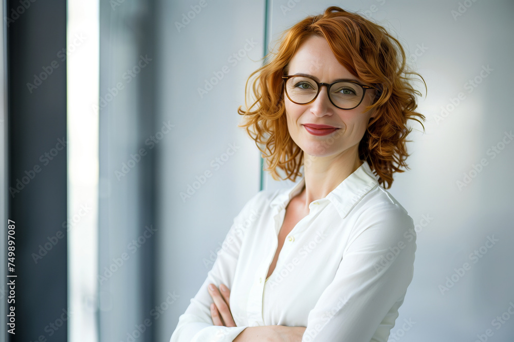 Empowered Female Entrepreneur with a Confident Smile in Professional Office Environment Empowered Female Entrepreneur with a Confident Smile in Professional Office Environment