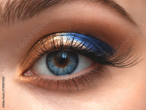 Close-up of one blue eye of a young girl with makeup.