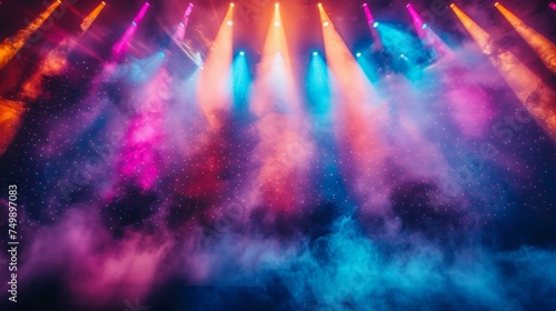 Abstract concert lighting, colorful spotlights dance across the stage, a background of musical euphoria and visual splendor, AI Generative