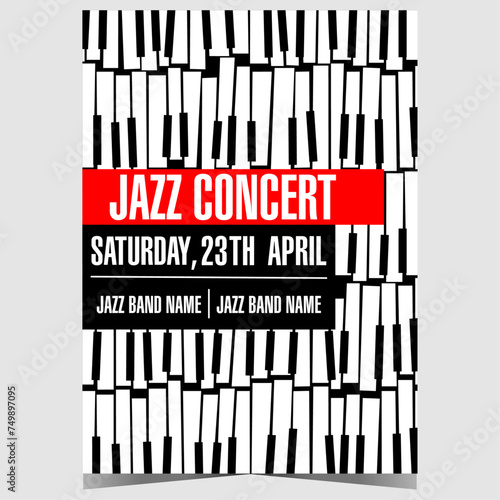 Jazz concert poster or banner template. Vector booklet, leaflet or invitation flyer with piano keys on the background suitable for live music show, festival or instrumental performance event.