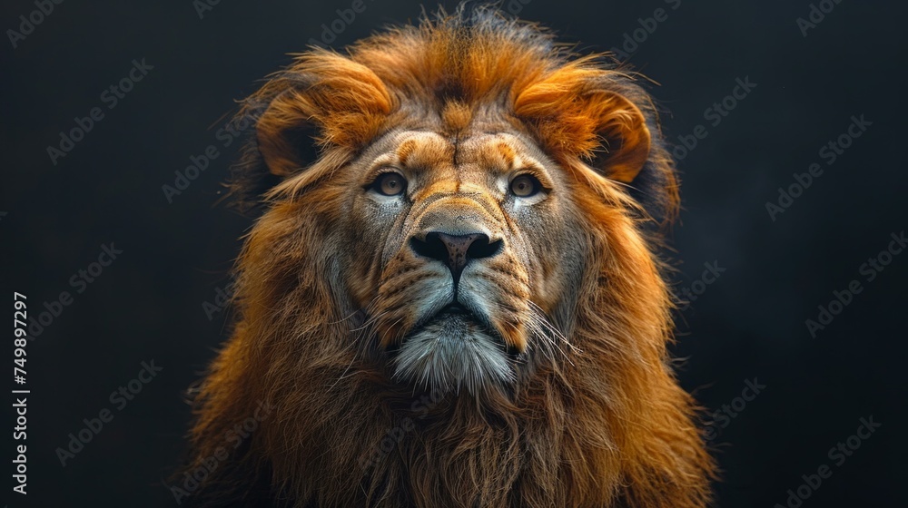 African lion portrait, majestic mane detail, stark black backdrop, imposing, sharp focus, soft backlighting, AI Generative