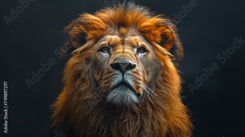 African lion portrait  majestic mane detail  stark black backdrop  imposing  sharp focus  soft backlighting  AI Generative
