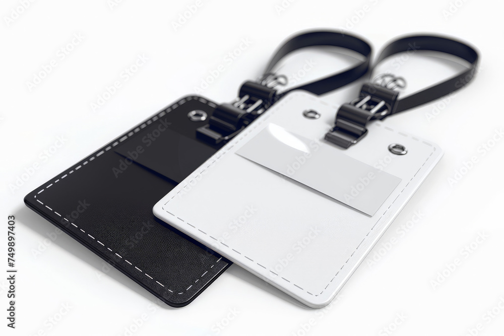 empty black two lanyards with different black and white colored tags, mockup tags badges empty black two lanyards with different black and white colored tags, mockup tags badges
