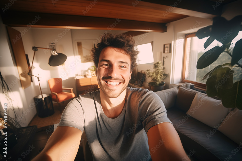 Happy casual young man taking a selfie at home Happy casual young man taking a selfie at home