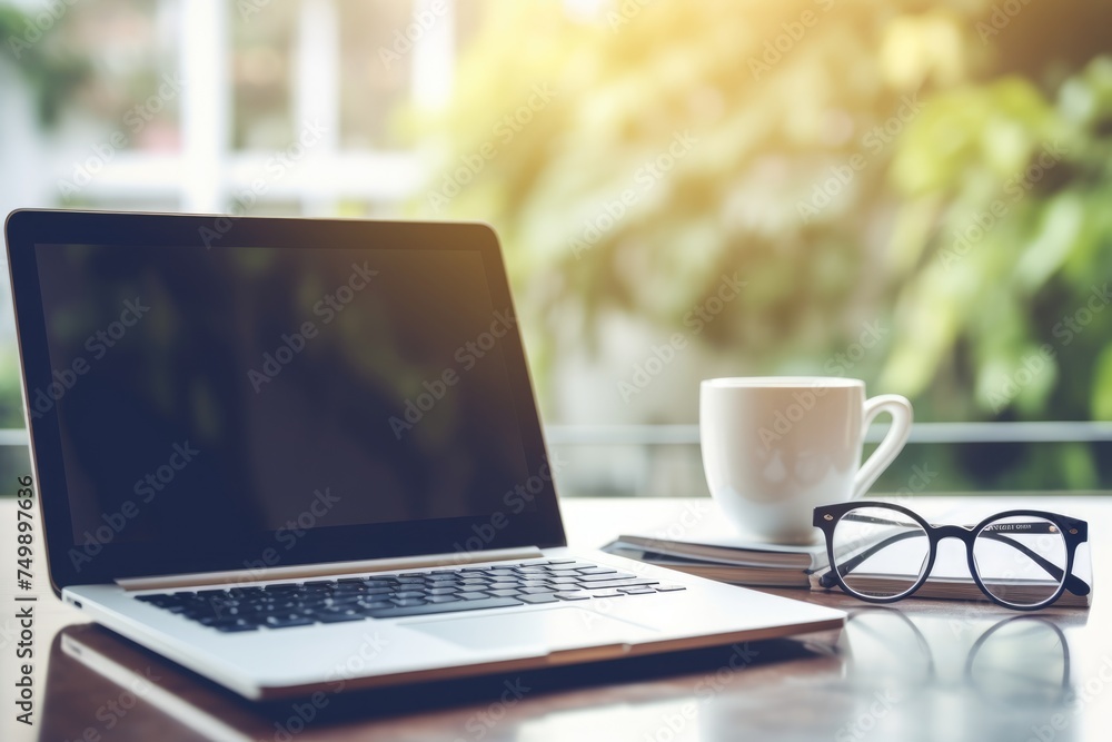 A cozy remote work setup with an open laptop, a notebook, and a pair of glasses on a wooden desk. A cozy remote work setup with an open laptop, a notebook, and a pair of glasses on a wooden desk.
