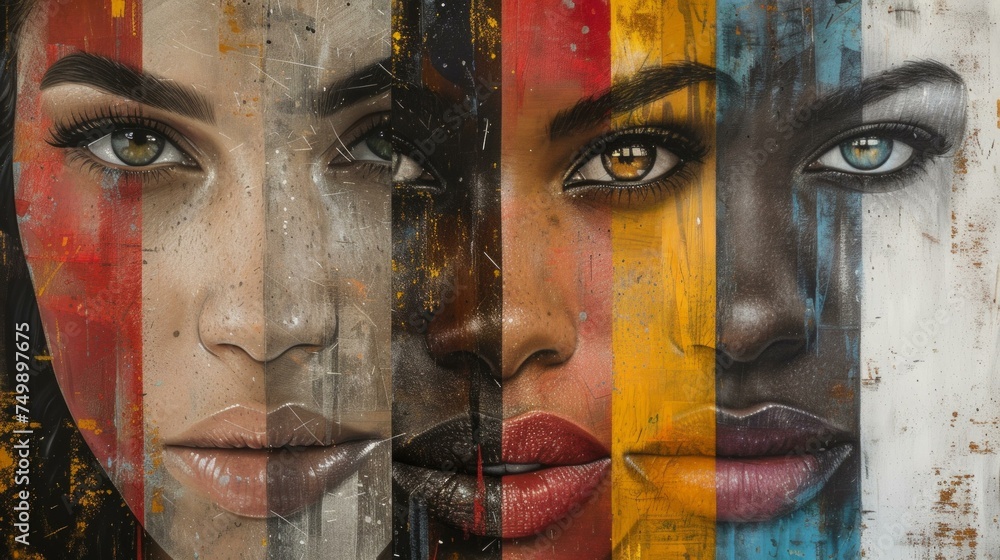 contemporary art collage featuring a female face composed of diverse parts from women of various races, a vivid representation of beauty standards and multi-ethnicity, AI Generative