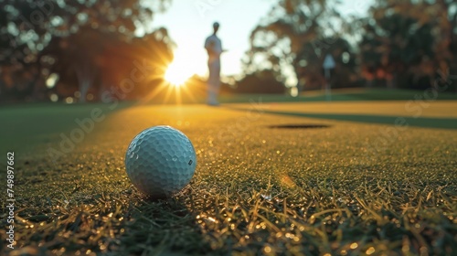 Close-up of a golf ball rolling towards the hole, player's silhouette in the background, focus on the moment of impact, AI Generative photo