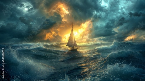 Figure sailing on scripture in tumultuous sea  embodying spiritual journey towards salvation  celestial illumination  AI Generative