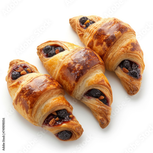 Three rugelach pastries with raisins on a white background. Studio food photography for culinary and recipe design photo