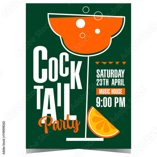 Cocktail party and event reception invitation template. Vector poster, banner, leaflet or flyer with glass of alcoholic drink with bubbles. Illustration in flat style suitable for networking evening.