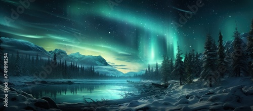 Aurora borealis over the frosty forest