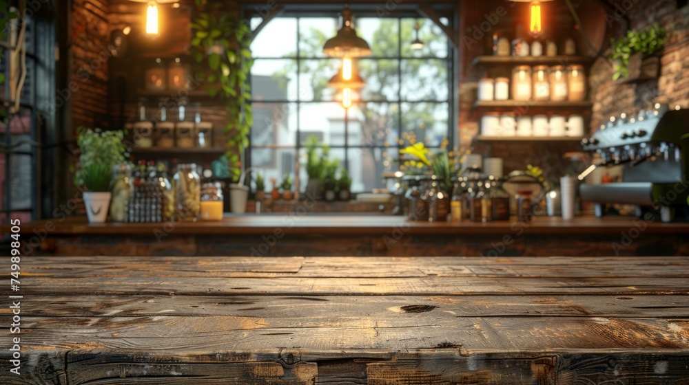 Rustic wood table with a blurred cafe setting, nostalgic and inviting, perfect for showcasing goods, AI Generative
