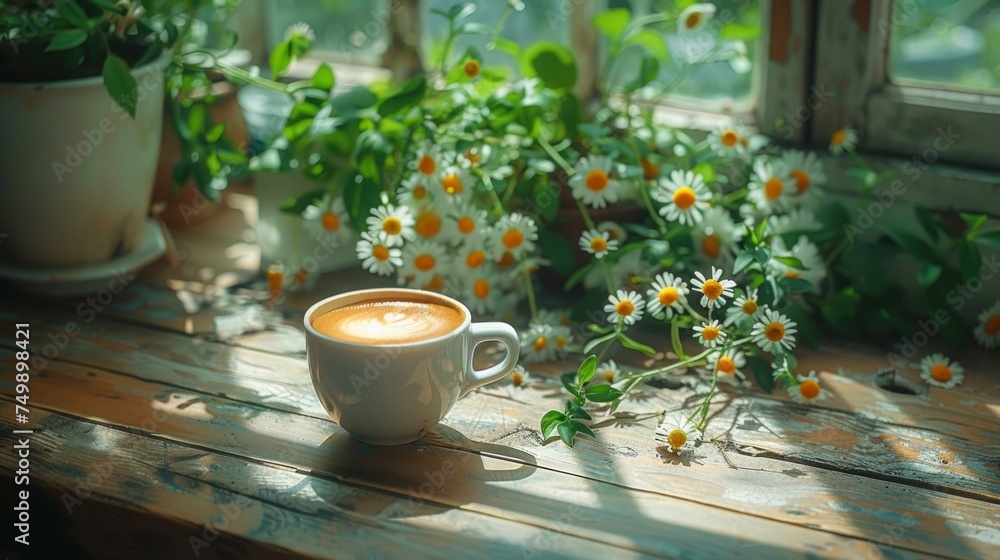 Serene coffee moment, a white cup amidst greenery, a touch of nature on a wooden table, a peaceful break captured, AI Generative Serene coffee moment, a white cup amidst greenery, a touch of nature on a wooden table, a peaceful break captured, AI Generative