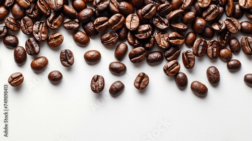 Scattered fresh roasted coffee beans isolated  stark contrast on white  rich in detail  symbolizing energy and beginnings  AI Generative