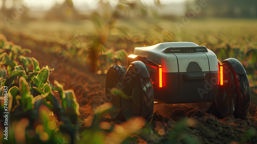 Autonomous Farm Robot Navigating Crop Rows
. An autonomous robot traverses between rows of crops on a farm, utilizing cutting-edge technology to assist in agricultural production.
 photo