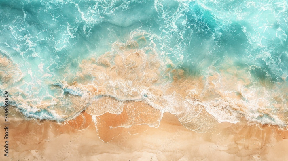 Top view abstract sand beach, light blue waves, summer sunlight, AI Generative