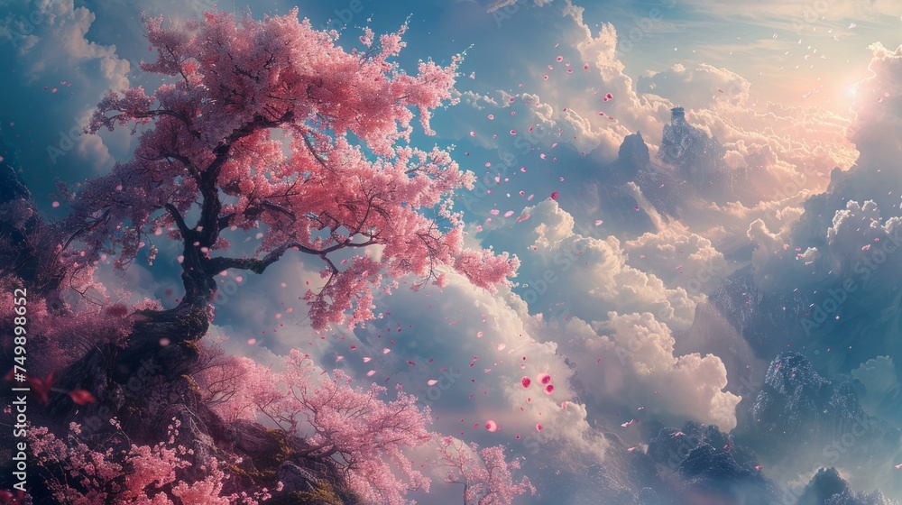 Whimsical fantasy landscape, tree of desires in pink and blue, imaginative vibrant setting, AI Generative