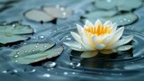 Tranquil scene depicting a Zen lotus flower on water, embodying the concept of meditation and spirituality. The image reflects a moment of calm and introspection, AI Generative