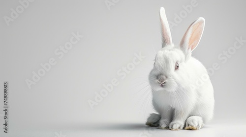 The innocent allure of a funny bunny, its long ears framing a face full of wonder, set against an immaculate white background, AI Generative