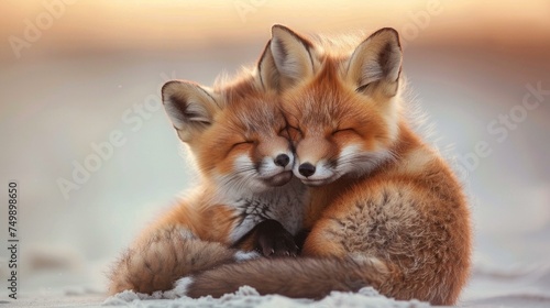 wild baby red foxes cuddling, sandy beach, Nova Scotia, innocent, peaceful, warm sunset light, AI Generative © sorapop