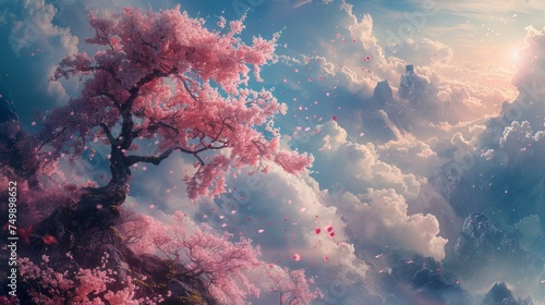 Whimsical fantasy landscape, tree of desires in pink and blue, imaginative vibrant setting, AI Generative