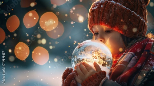 Wonder on child s face  magical snow globe  transports to winter wonderland  gift unwrapping moment  AI Generative